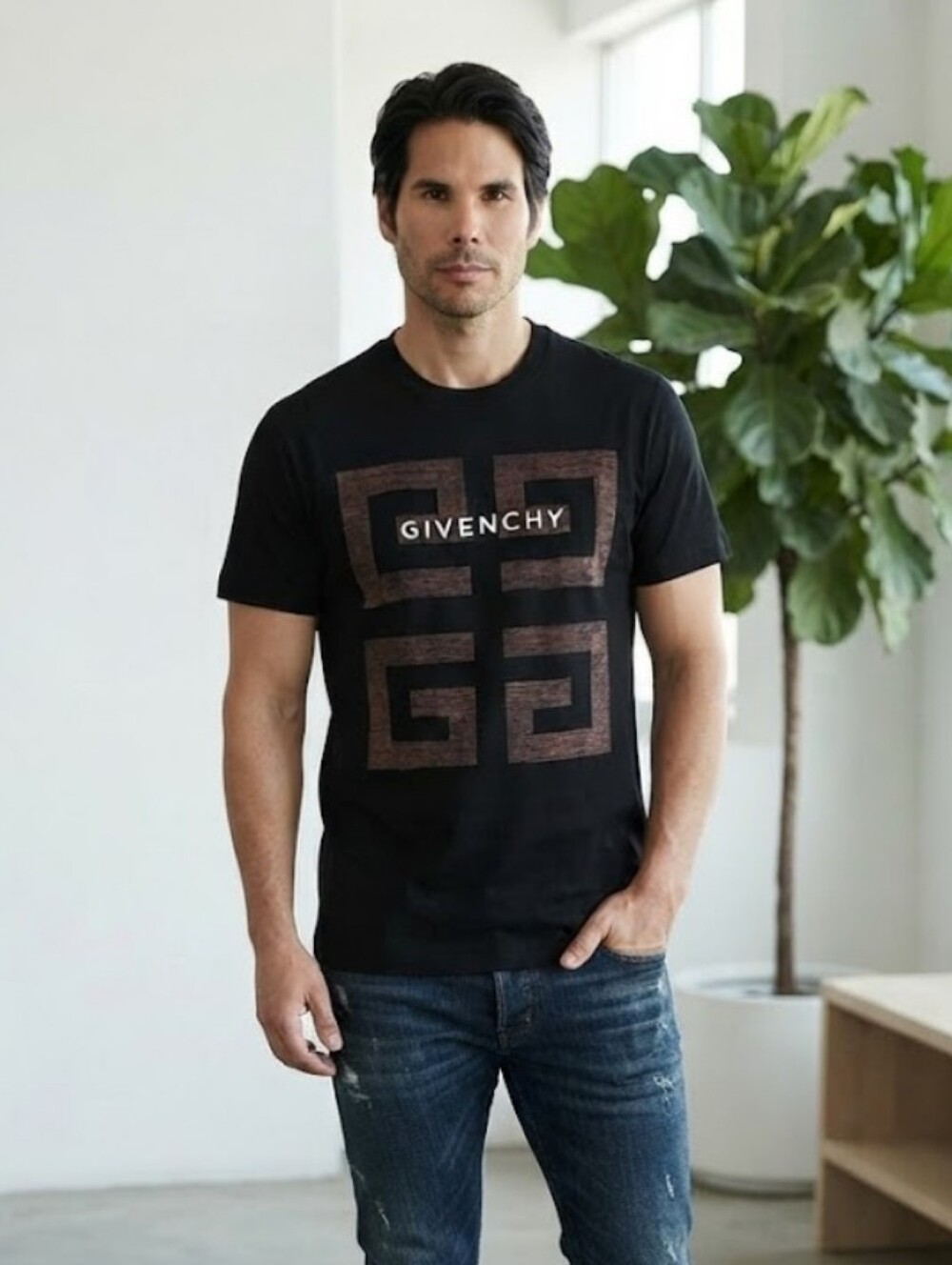 Givenchy Black Tee with Brown Logo Block Graphic